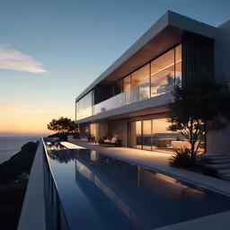 a modern house at dusk overlooking the ocean