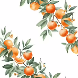 a seamless watercolor painting shows oranges on the tree