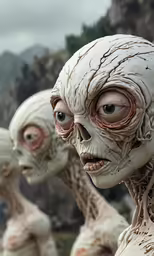 a couple of weird looking dolls in a field