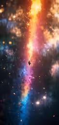 a space view with a jet flying through the sky