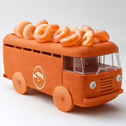 a toy food truck carrying a dozen doughnuts