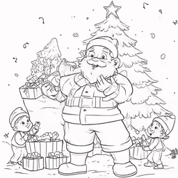 santa clause is putting presents in the christmas tree