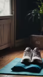 a pair of white shoes sitting on top of a blue mat