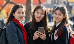three female high school students using their mobile devices