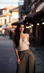 the woman is posing on the side of the road