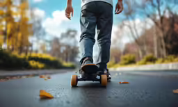 a skateboarder going down the street with an injured foot