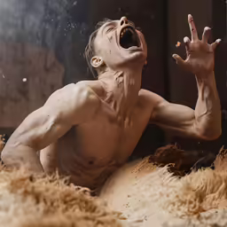 a naked man that has his hands up in the air