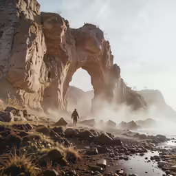 a person standing near the water and some rocks