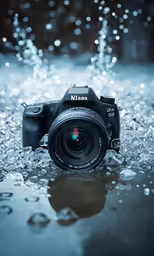 a camera sitting on the ground in some water