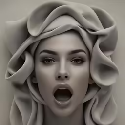 a woman with her mouth open while wearing a blanket on her head