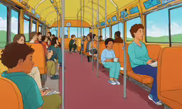a group of people sit on a bus,a bus with people riding on it and one woman sitting in the seat