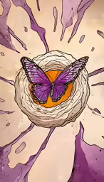 an orange and purple butterfly flying over a purple flower
