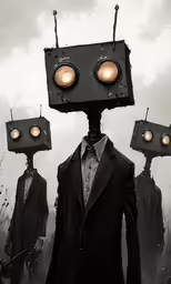 three strange people wearing identical lights as heads