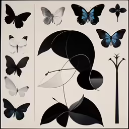 a white canvas with black and blue butterflies and a black and white painting