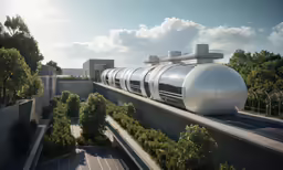 a silver train car is on a elevated track with trees and buildings