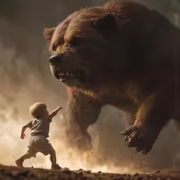a young boy in a shirt is running near an animal