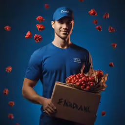 a man holding a box of strawberries in front of red, white and black stuff