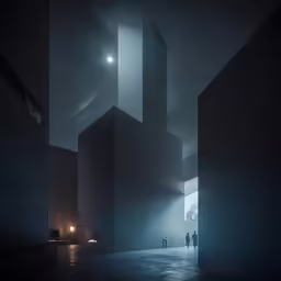 a foggy night is pictured, with two people in silhouette