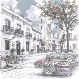a bike parked next to a bench in front of some white buildings