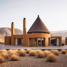 the outside of a large house with windows and doors in desert grass