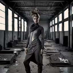 an artistic woman in long dresses standing in the dark room