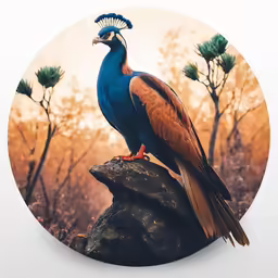 an exotic bird with blue feathers perched on rock
