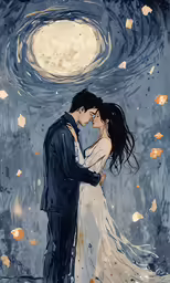 a couple kissing in front of a night sky