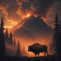 a bull on a hilltop with mountains and trees in the background