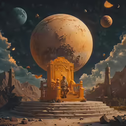 a surreal scene with a giant yellow chair in the middle