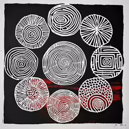 a painting of white and red circles,a painting with white circles and spirals on a black background