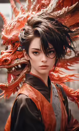 a beautiful woman with a dragon like costume in front of her