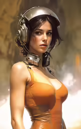 the woman is wearing a helmet and wearing an orange dress