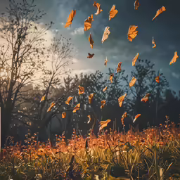 a field with some very pretty yellow leaves flying in the sky