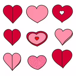 a collection of heart shapes in various shades,hearts drawn in red and pink, all shapes are arranged