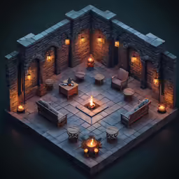 a room with several seating areas that have been lit up