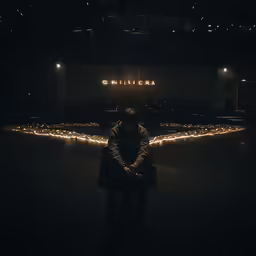 a man sitting in front of a light filled wall