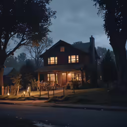 a dark, empty street with a house lit up at night