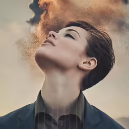 a woman blowing out a smoke filled sky