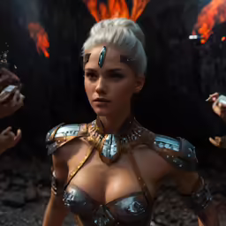 a woman dressed in warrior gear looks off to her left