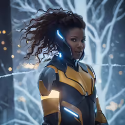 an attractive woman dressed in a yellow and black costume
