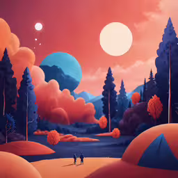 a painting showing two people in front of a red sky,a picture of some people in the woods with mountains