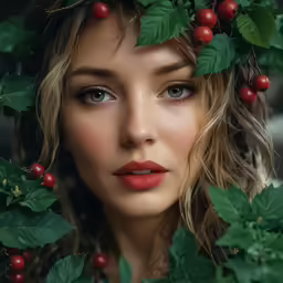 beautiful blonde girl with berry crown and makeup