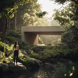 the woman is standing on a rock by a river