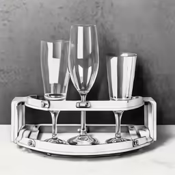 three glasses and a measuring scale are on a table