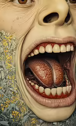 a drawing of an ugly person with two very large teeth