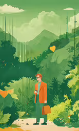 a man in a suit stands in the middle of a forest,there is a man that is holding a bag in his hand