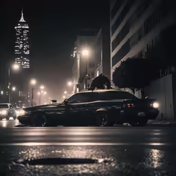 two cars driving down a street at night with one black car and one white car