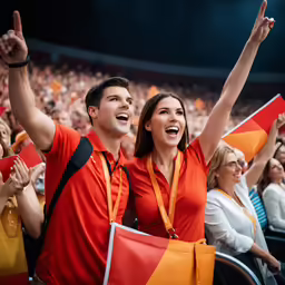 two people with their arms in the air
