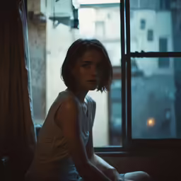 a young woman sits near a window and looks off into the distance