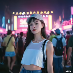 young lady with baseball cap standing in a crowd